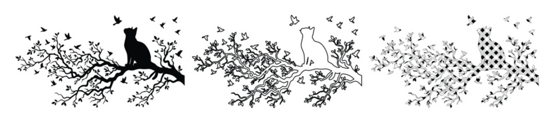 Naklejka premium Silhouette Cat on Branch, Outline Feline, Pixelated Cat Vector Art, Nature Scene, Bird Motif, Minimalist Design, Black and White Illustration