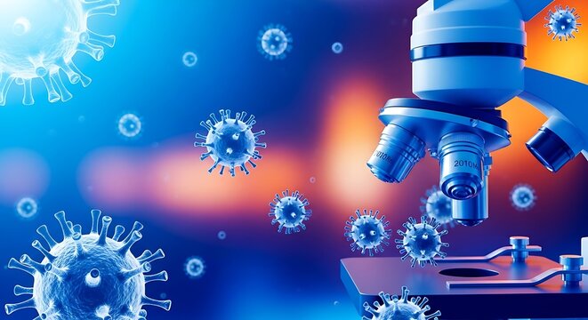Microscope examining colorful virus particles in futuristic lab setting