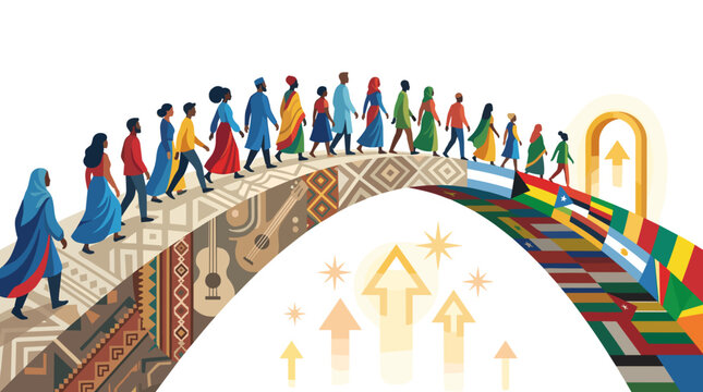 A diverse procession of people in traditional clothing walks across a bridge adorned with cultural patterns and national flags, symbolizing global unity and shared progress.