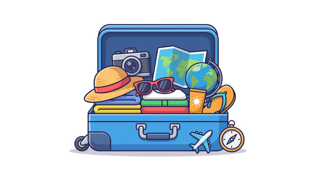 A blue open suitcase brimming with travel essentials, including a camera, sunglasses, a map, and a compass, is ready for an exciting adventure.