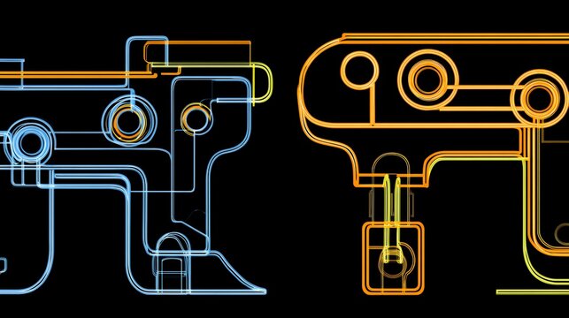 Abstract neon glowing mechanical blueprint and robotic engineering schematic lines on dark background, futuristic interface
