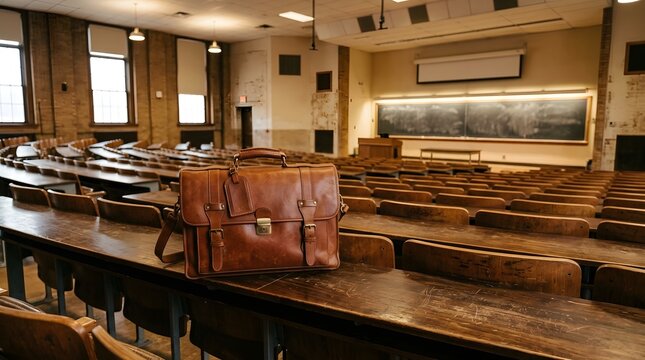 Empty University Lecture Hall with Leather Briefcase