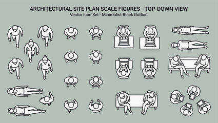 Architectural site plan scale figures top down view minimalist black outline human icon set for landscape blueprint design vector illustration © Kanon Islam