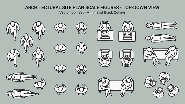 Architectural site plan scale figures top down view minimalist black outline human icon set for landscape blueprint design vector illustration