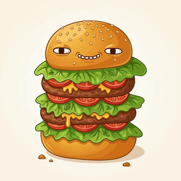 A cartoon illustration of a smiling hamburger with lettuce, tomatoes, and cheese on a sesame seed bun sits alone on a plain surface.