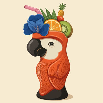 Vibrant parrot illustration with tropical fruits and blue flower on head.