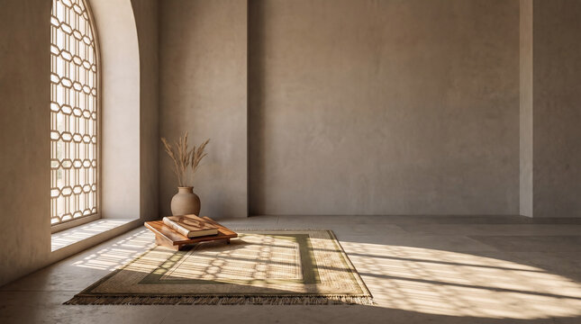 Modern minimalist islamic interior backdrop with prayer rug and shadow from window arch for product display ramadan concept