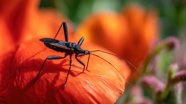 Assassin bug with extended proboscis patiently waiting on an orange flower petal in macro detail