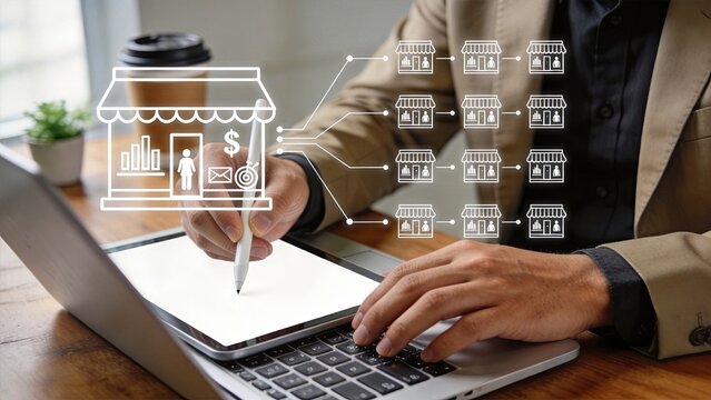 Retail franchise expansion strategy concept, businessman drawing store network diagram on tablet, business growth plan, chain store management, marketing and sales distribution