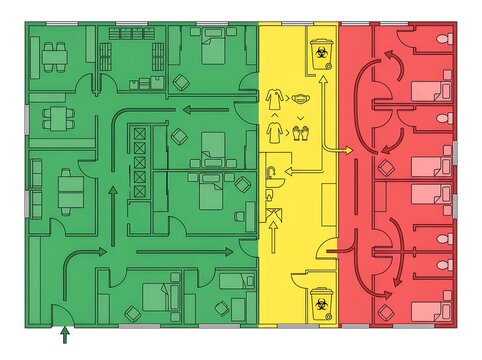 Flat Vector Care Facility Infection Control Zoning &ndash; Clean Zone Buffer Zone Contaminated Zone PPE Flow