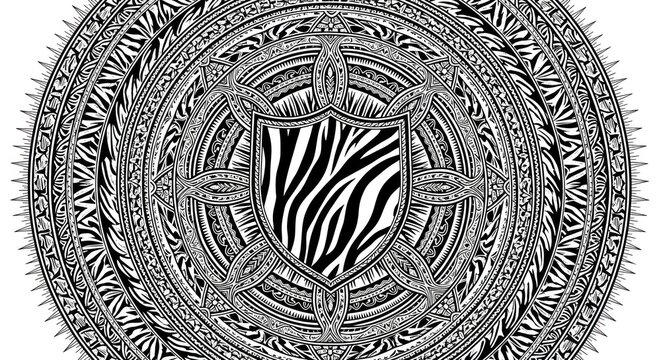 Intricate Black and White Mandala with Zebra Shield.