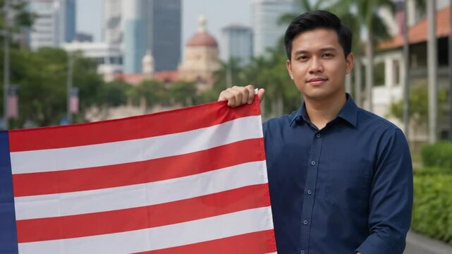 Two Smiling Young Men Holding Malaysian Flag in Kuala Lumpur City Center