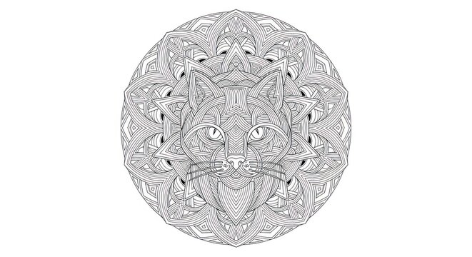 Detailed Black and White Wolf Mandala Design.