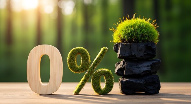 Zero percent symbol made of moss and wooden zero in nature