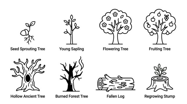 Line art illustrations depicting the life cycle of a tree, including seed, sapling, flowering, fruiting, ancient, burned, fallen log, and regrowing stump.