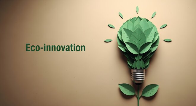 Green lightbulb made of leaves with eco-innovation text
