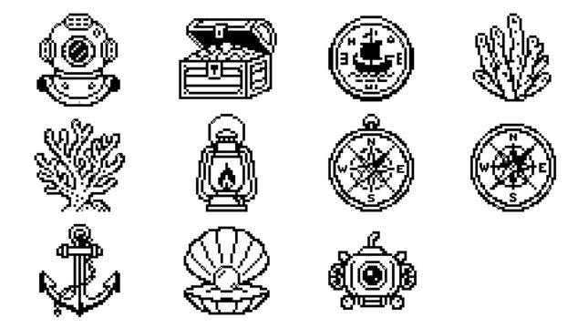 Collection of pixel art icons depicting various nautical and underwater exploration elements like diving helmets, treasure chests, anchors, compasses, and coral.