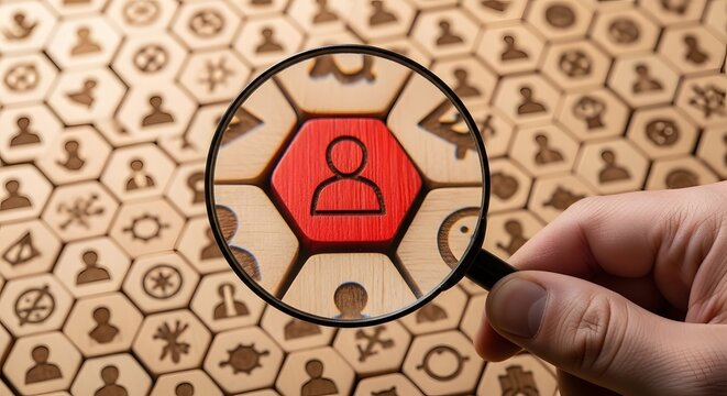 Magnifying glass focuses on red human icon amidst wooden puzzle pieces