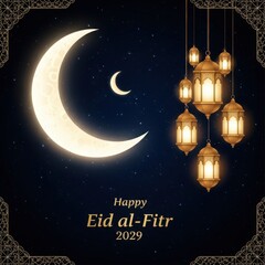 Fototapeta premium A vibrant eid al-fitr 2029 greeting card with a crescent moon and lanterns.