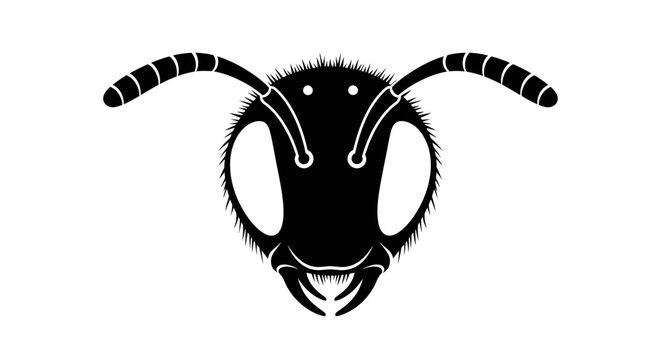 Close-up black silhouette of an ant's head with detailed antennae and mandibles