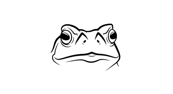 Close-up line art drawing of a cartoon frog face with big eyes on white background