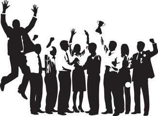 Obraz premium Business people, celebrating success, teamwork silhouettes, black icons, office achievement