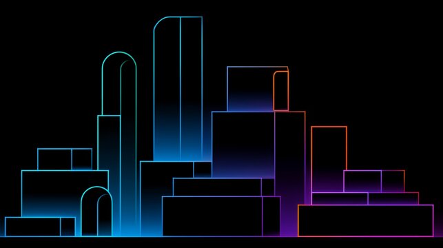 Transparent background, isolated, futuristic glowing neon wireframe cityscape silhouette, abstract retro wave style architecture outline