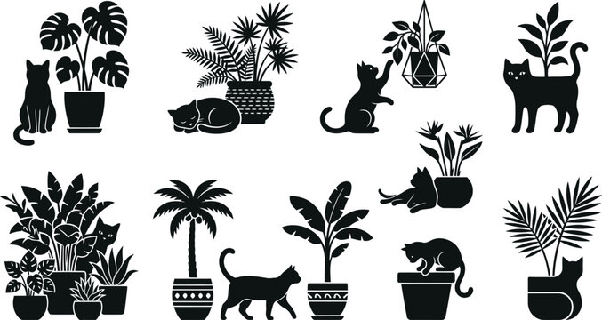 Diverse set of potted plants and playful cats in silhouette form, a delightful compilation for interior design and home decoration.