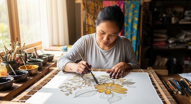 Indonesian female artist creating traditional batik painting on fabric in workshop.