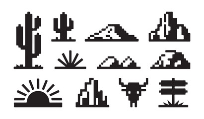 Obraz premium Pixel art western desert landscape elements collection silhouette icons.