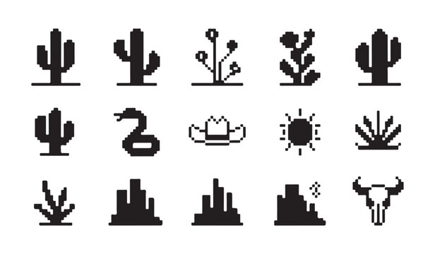 Desert landscape pixel icons set including cactus snake skull and sun for game background.