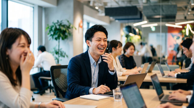 ミーティング中に笑顔を見せる日本人ビジネスマンと自然な会話