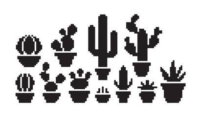 Collection of pixelated potted cactuses and succulents, retro digital art design. © MDABDUR