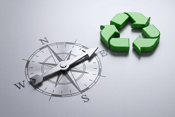 Obraz premium Recycling Symbol and Compass Rose Concept for Environmental Sustainability and Business Strategy