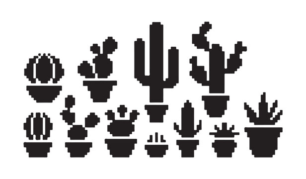 Collection of pixelated potted cactuses and succulents, retro digital art design.
