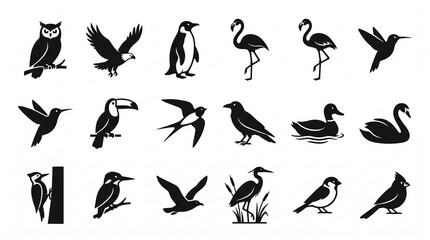 Obraz premium Diverse Bird Silhouettes Vector Icons Set - Wildlife and Nature Flat Design Collection with Owl, Eagle, Penguin, Flamingo, Hummingbird, Toucan, and More Isolated on White Background