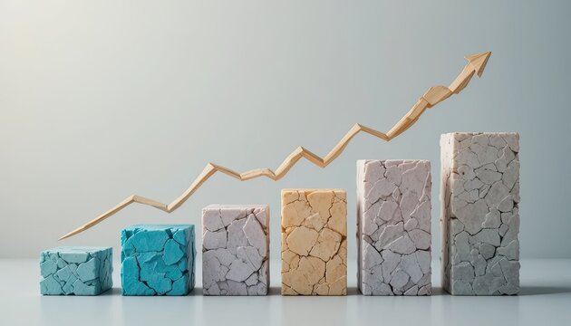 A bar graph with a line graph going up and colorful cracked bars on a gray background showing growth and statistics