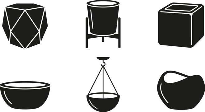 Variety of contemporary empty flower pots and hanging planters silhouettes set for garden equipment catalog and home decor branding projects on transparent background.