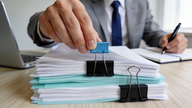 Hand clipping stack of paper documents with binder clip on wooden desk, office paperwork organization, filing reports, contracts, and administrative tasks for business management