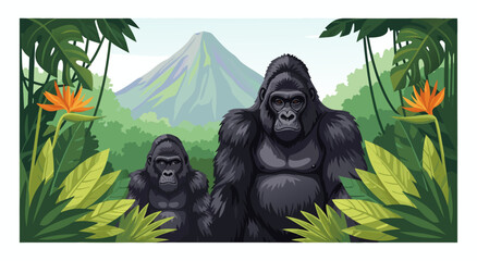 Gorilla Family in Lush Jungle Setting A Detailed Vector Illustration © Purnomo Semlirick