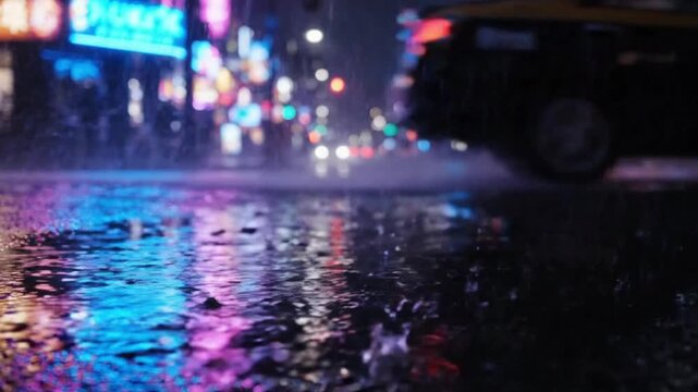 Night City Rain Reflections Neon Lights Bokeh Wet Street Taxi