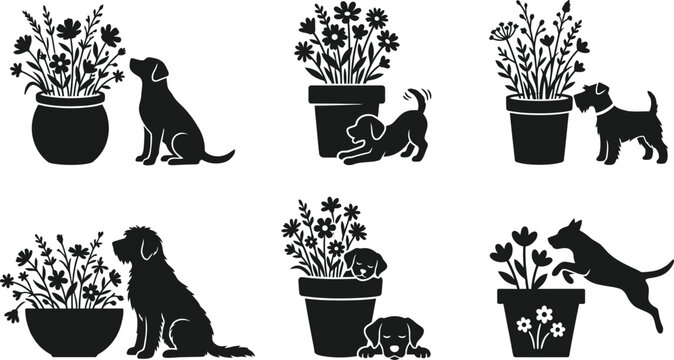 Cute dogs playing with flower pots collection showing puppies sniffing blossoms and resting by garden containers for pet care and animal lovers thematic design.