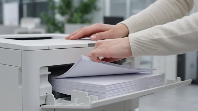 Close-Up of Office Worker Loading Paper into Printer Machine