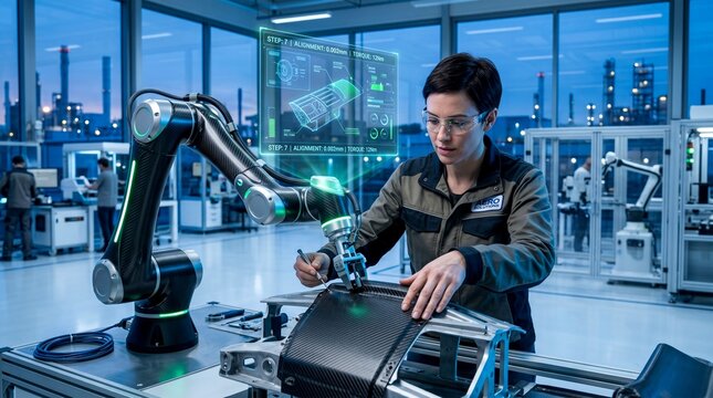 Female engineer working with an automated robotic arm on carbon fiber assembly in a smart factory for Industry 4.0 manufacturing, advanced robotics tech, and AI automation.