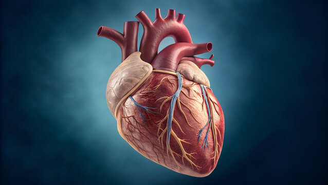 Anatomical illustration of a human heart with visible blood vessels and chambers