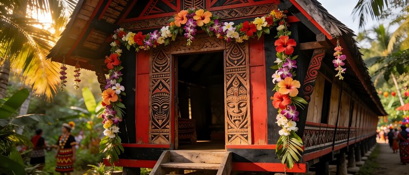 Dayak longhouse decorated for Gawai Harvest Festival in Borneo at sunset