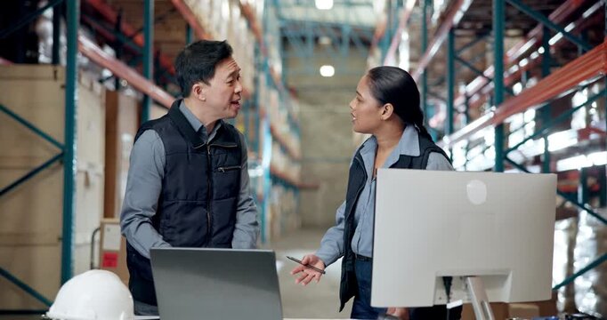 Argument, computer and documents with people in warehouse for disagreement or problem solving. Angry, paperwork and technology with logistics or supply chain team in factory for backlog or delay