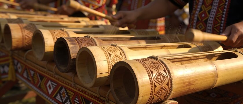 Dayak people playing traditional bamboo musical instruments during Gawai harvest festival celebration in Sarawak Borneo