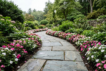 Obraz premium Winding slate stone pathway lined with flowers in a lush green garden