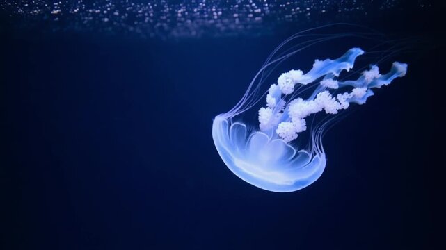 Mysterious glowing blue jellyfish slowly pulsates through dark aquatic environment, detailed bell shape with flowing tentacles and oral arms